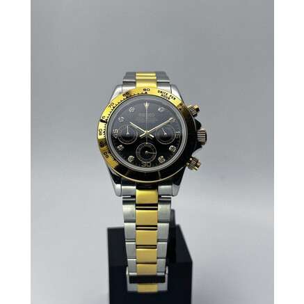 Custom Seiko Mod • 2-Tone Gold Black Diamond Daytona • 39.5mm